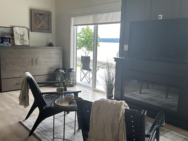 Cute cottage living room with fireplace and tv and a lake seen through a sliding door