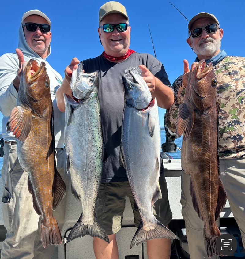 Three men standing together holding up a catch of large salmon and lingcod.